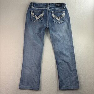 Rock Roll Cowgirl Mid Rise Bootcut Jeans Women 33x28 Blue Faded Western Whisker